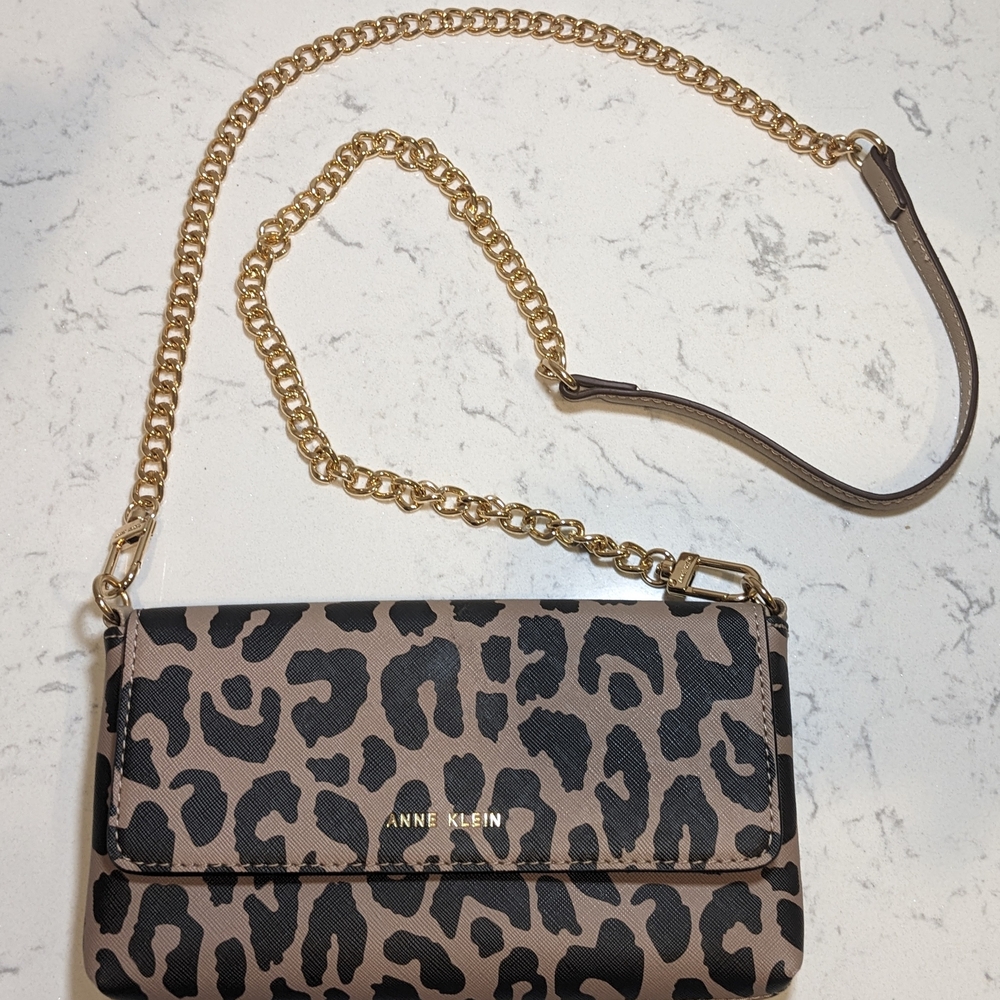 Anne Klein Black and Tan Crossbody Bag with Gold Chain